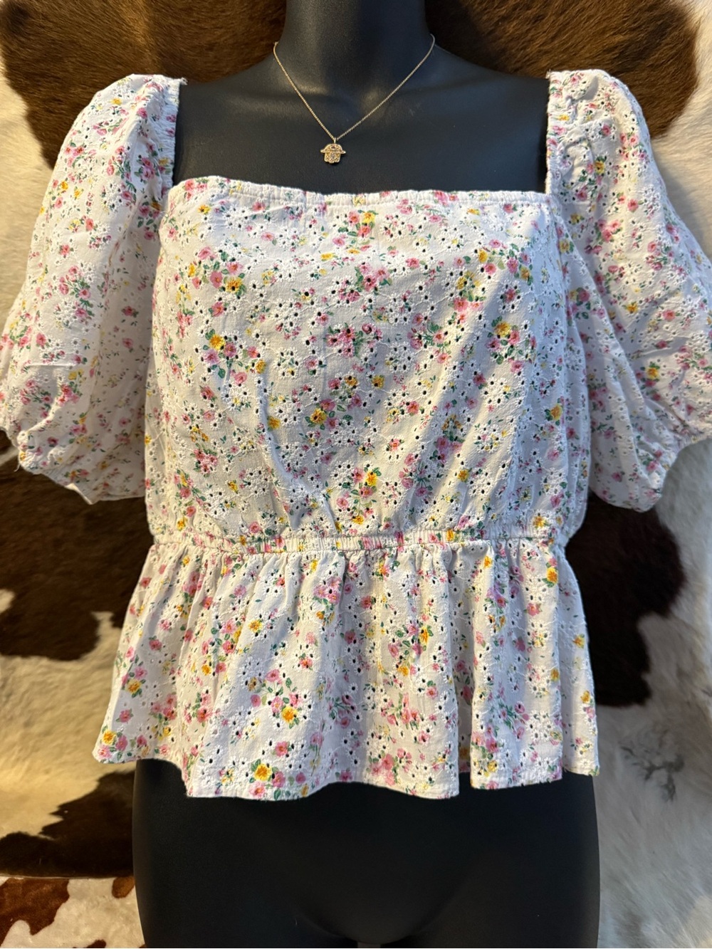 wild fable White Floral Eyelet Square-Neck Puff-Sleeve Peplum Top